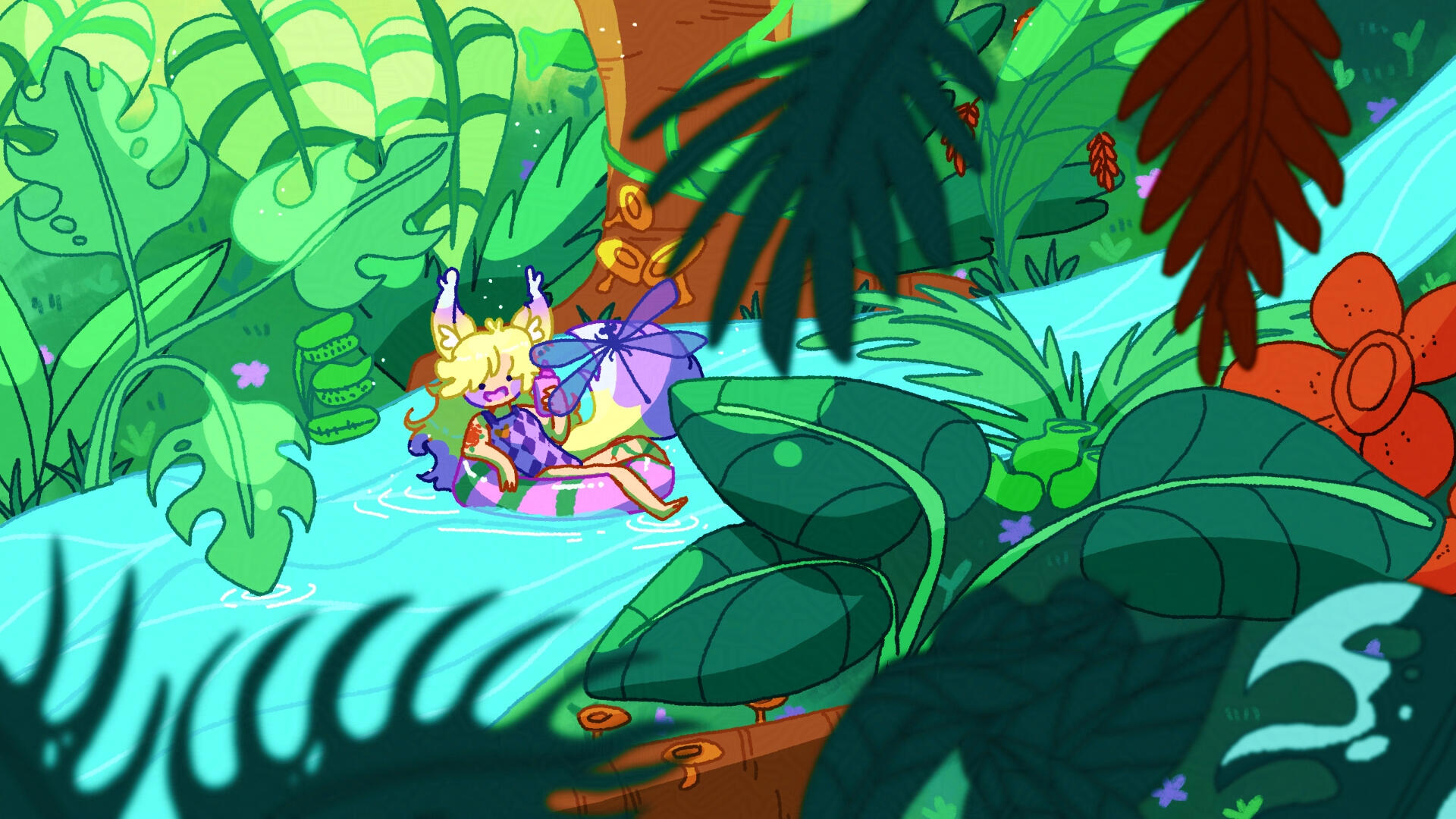 Scene of acuteferal river tubing in a jungle with a dragonfly nearby, illustrated by plantskid.