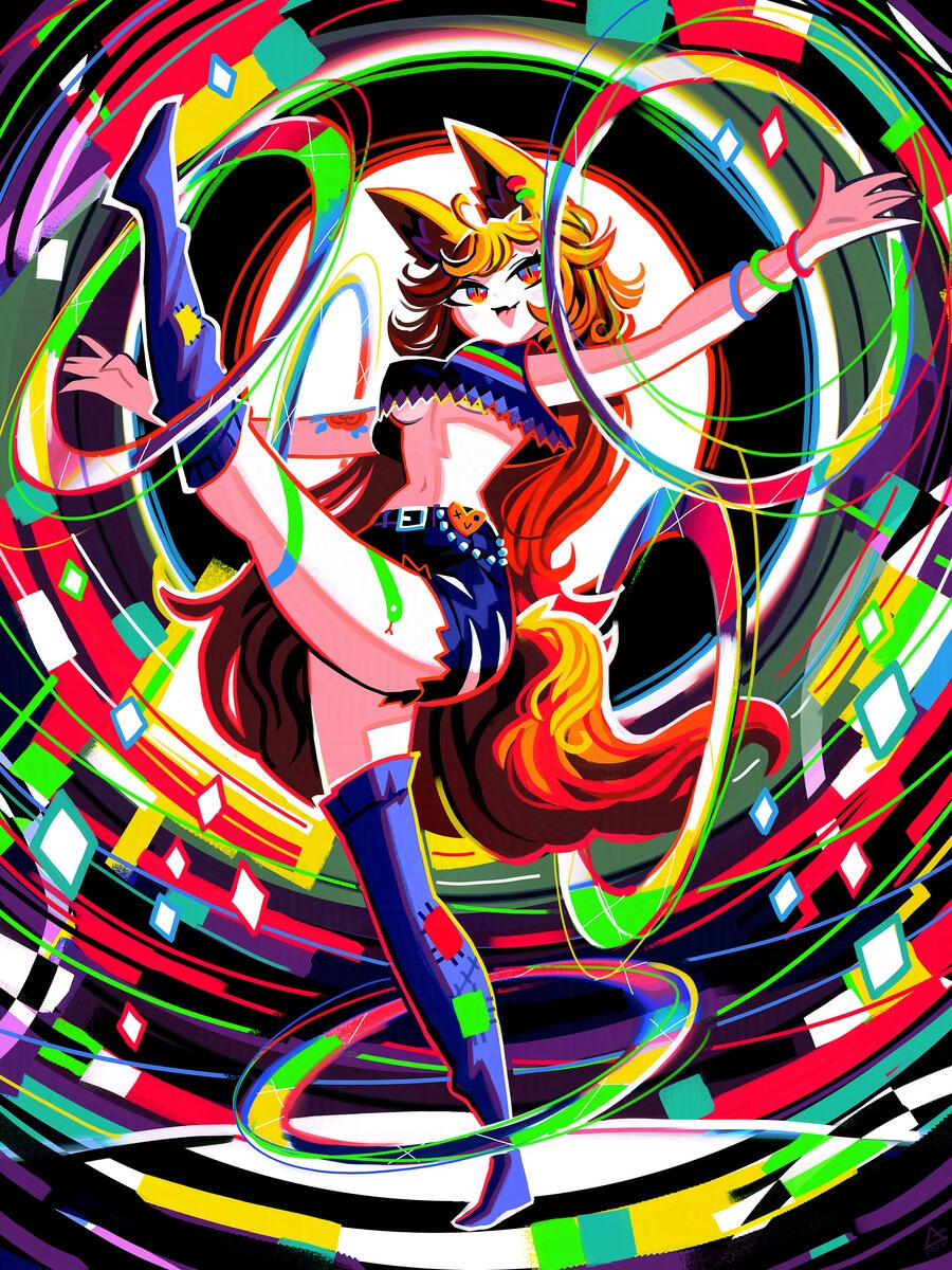 Fullbody art showing acuteferal kicking a leg up with hoola hoops spinning around her limbs against a colorful geometric background, illustrated by Andaerz.