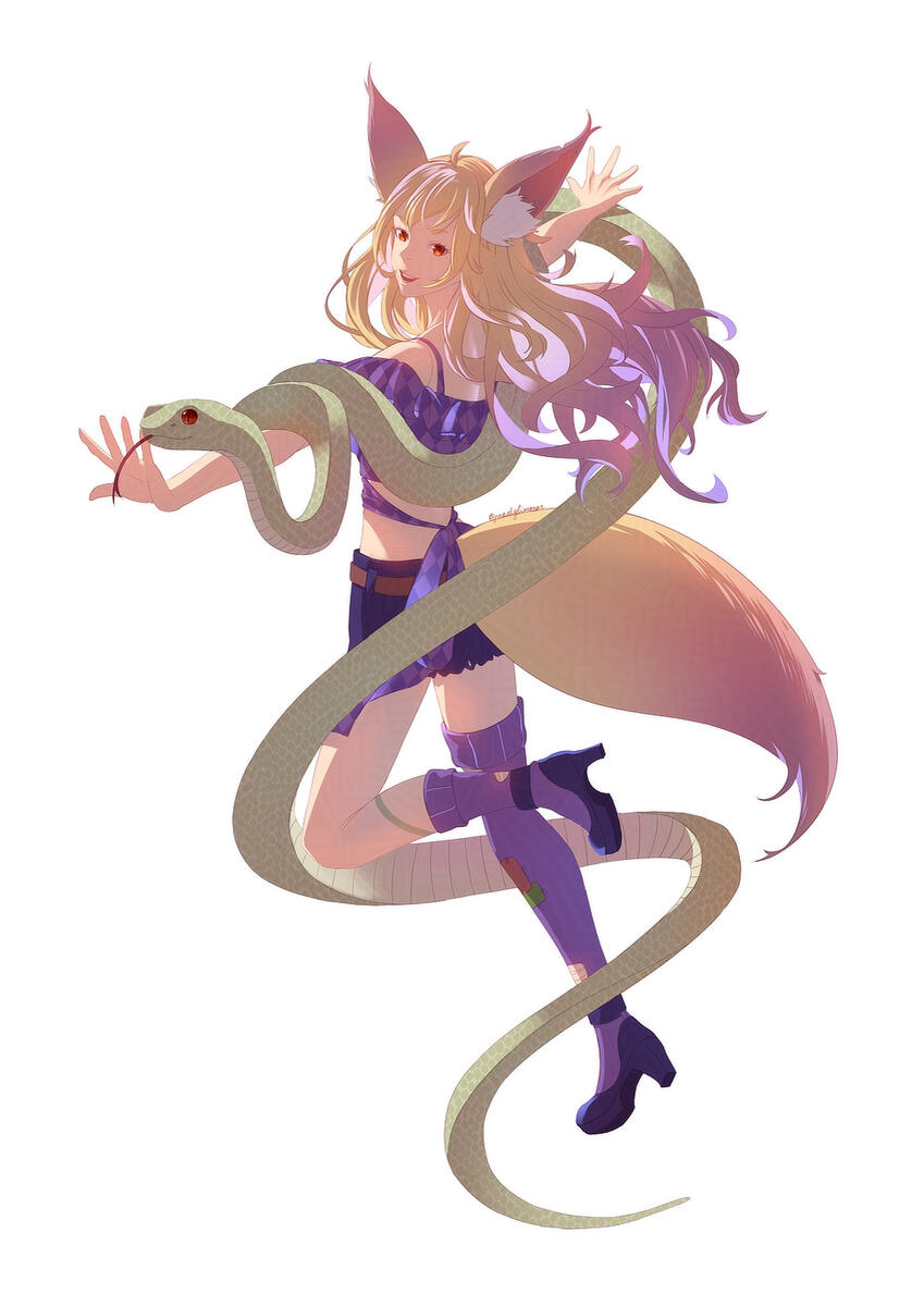 Fullbody art showing acuteferal facing away and smiling while looking back over her shoulder that has a large green serpent draped over and around her, illustrated by Pearl Zheng.