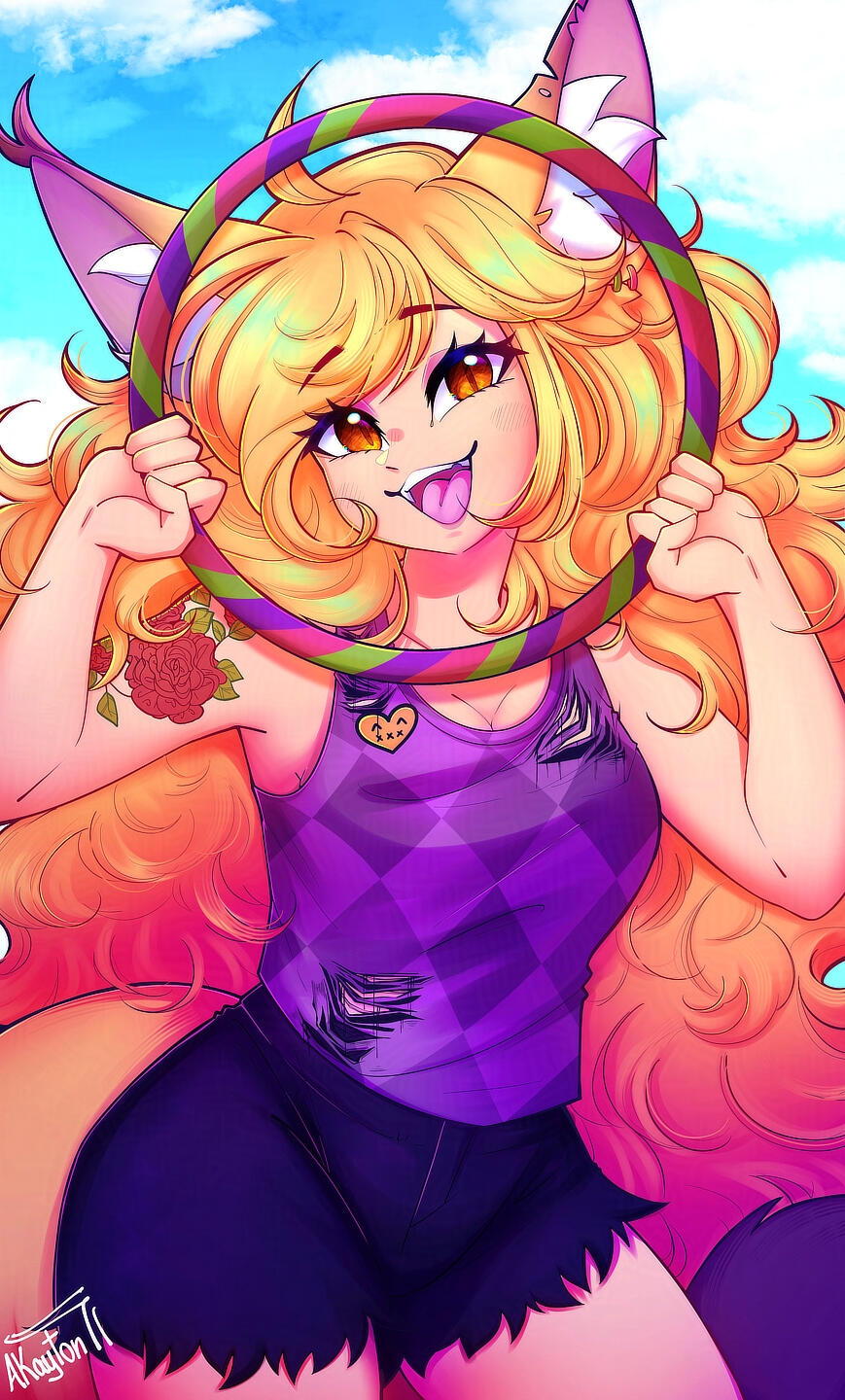 Bigger uncropped halfbody version of acuteferal smiling while looking through a hoola hoop that frames her face, illustrated by Akayton.