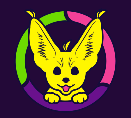 acuteferal's logo of a smiling fennec fox peeking through a hoola hoop which is animated so the fox is spinning the hoop in a circle, graphic by Magical High Priestess Theodora Ushiromiya, animation by acuteferal.