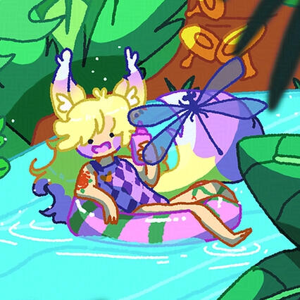 Circular cropped view of larger scene showing acuteferal riving tubing in a jungle with a dragonfly nearby, illustrated by plantskid.