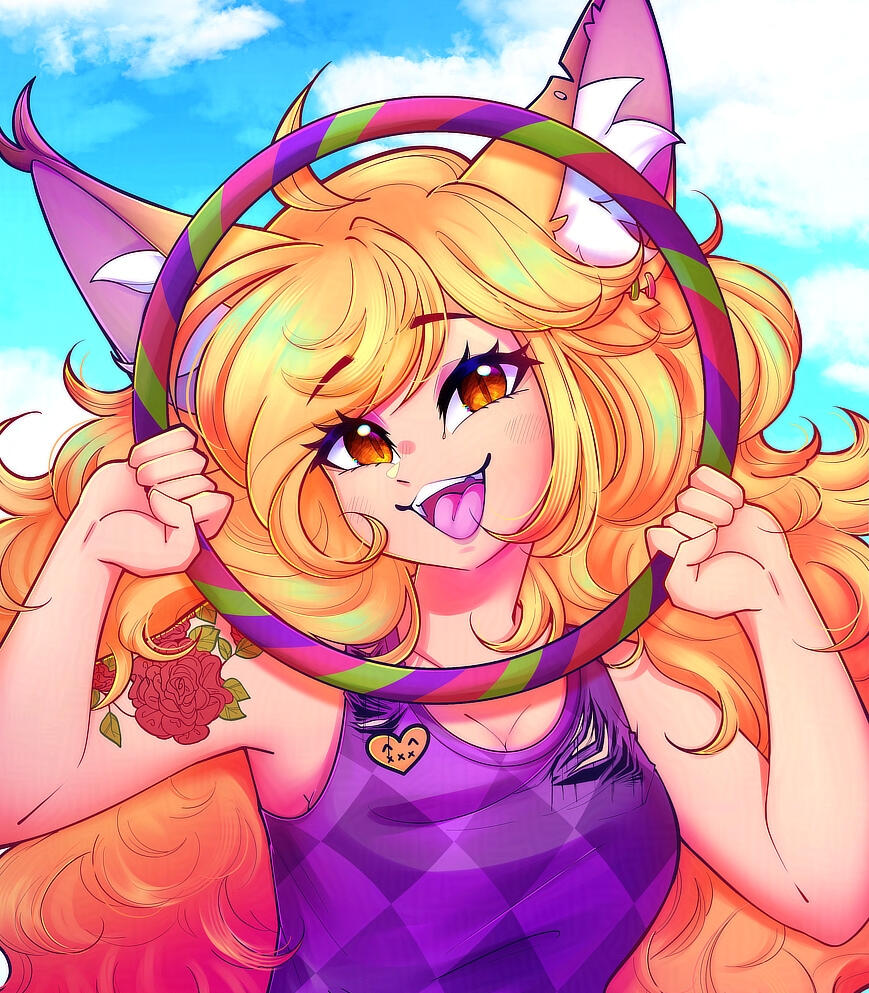 bigger uncropped halfbody version of acuteferal smiling while looking through a hoola hoop that frames her face, illustrated by Akayton.