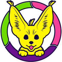 acuteferal's logo of a smiling fennec fox peeking through a hoola hoop, animated so whole logo rotates in a circle, graphic by Tabetha Design.